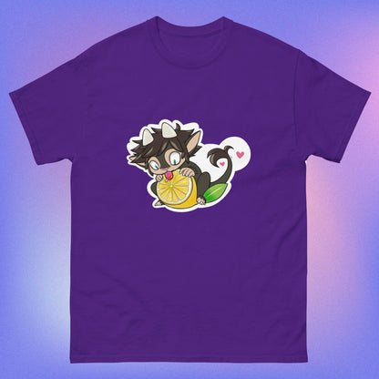 A purple unisex classic tee with a graphic of a cartoon character holding a lemon, with a heart in the background.
