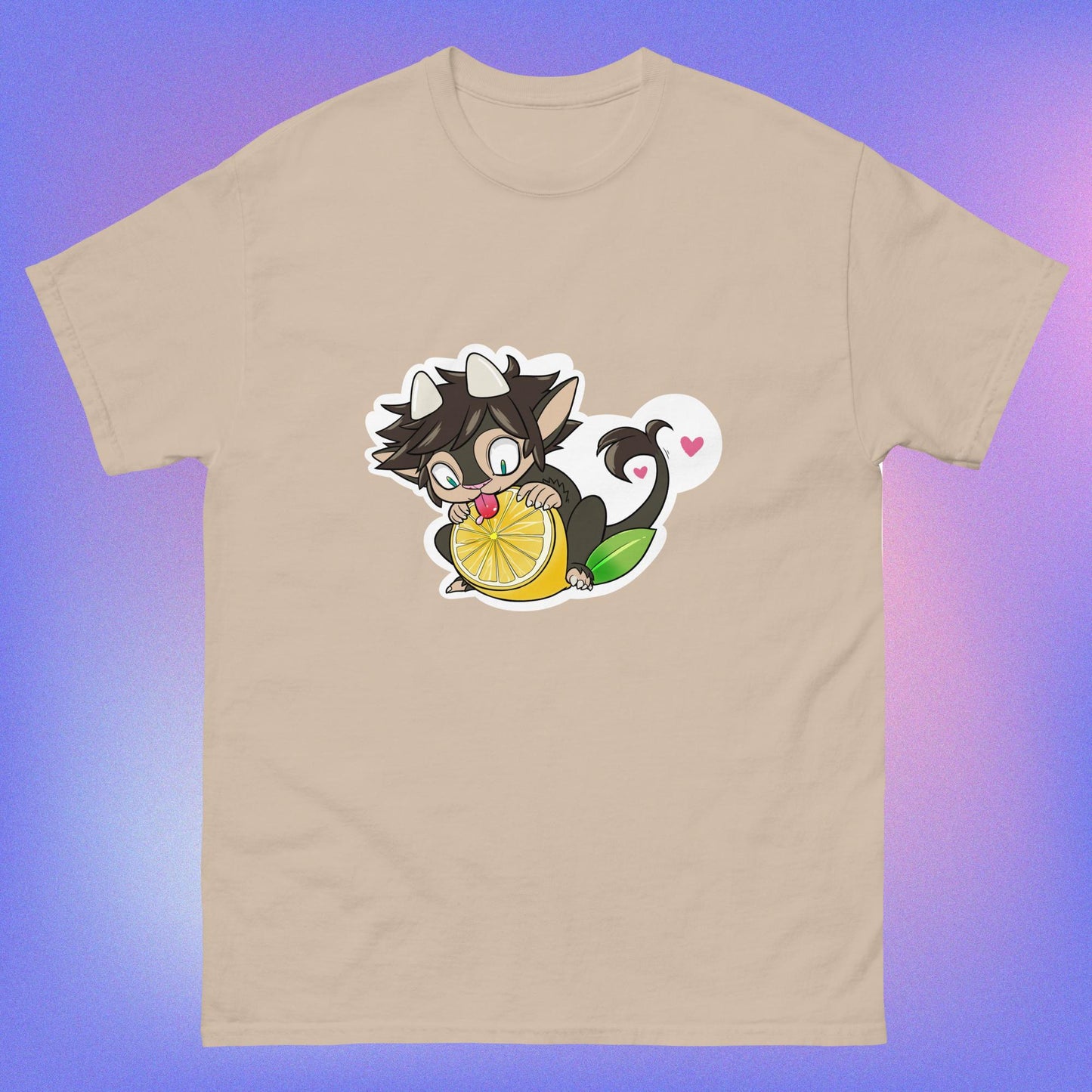 A sand unisex classic tee with a graphic of a cartoon character holding a lemon, with a heart in the background.