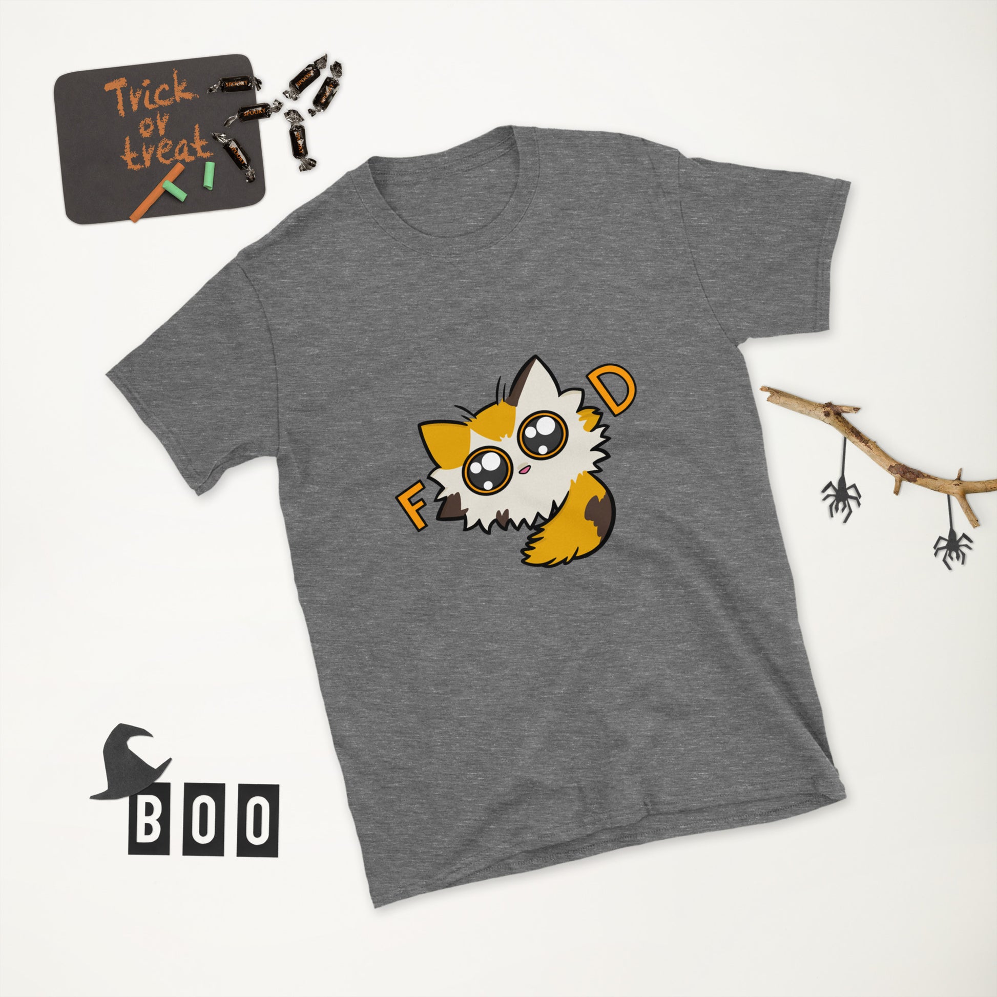 Gray t-shirt with a cartoon cat and 'FOOD' text, surrounded by Halloween-themed items.