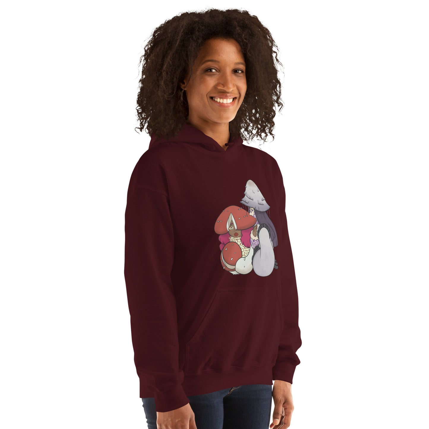 Maroon hoodie with cartoon mushroom characters on a white background