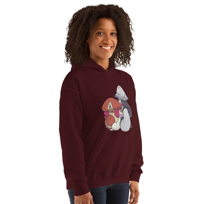Maroon hoodie with cartoon mushroom characters on a white background