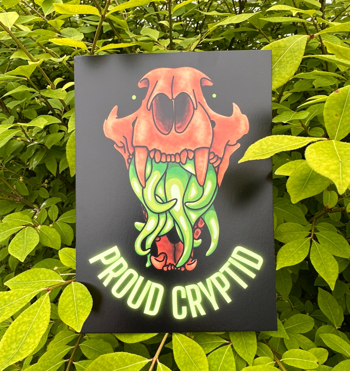 A print featuring a stylized illustration of an animal skull with vibrant orange and green colors, and the text 'Proud Cryptid' below it.