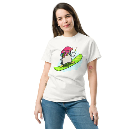 Person standing featuring a tshirt with a snowboarding penguin cartoon image on it.