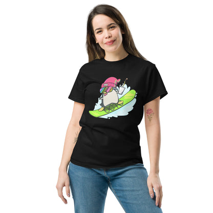 Person standing featuring a tshirt with a snowboarding penguin cartoon image on it.