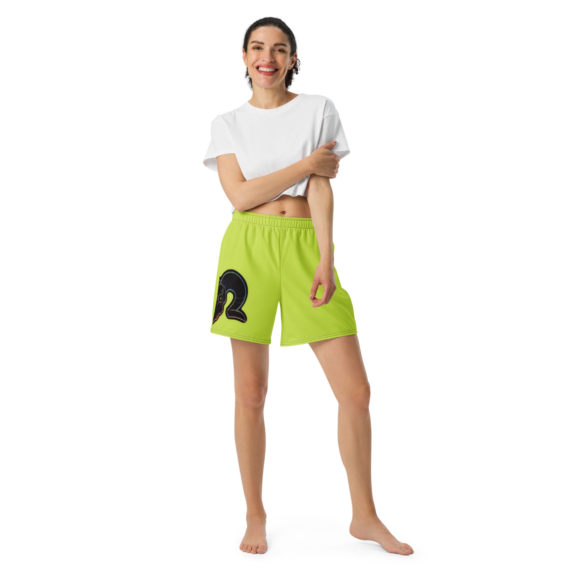 Rainbow outlined skull on eon green shorts