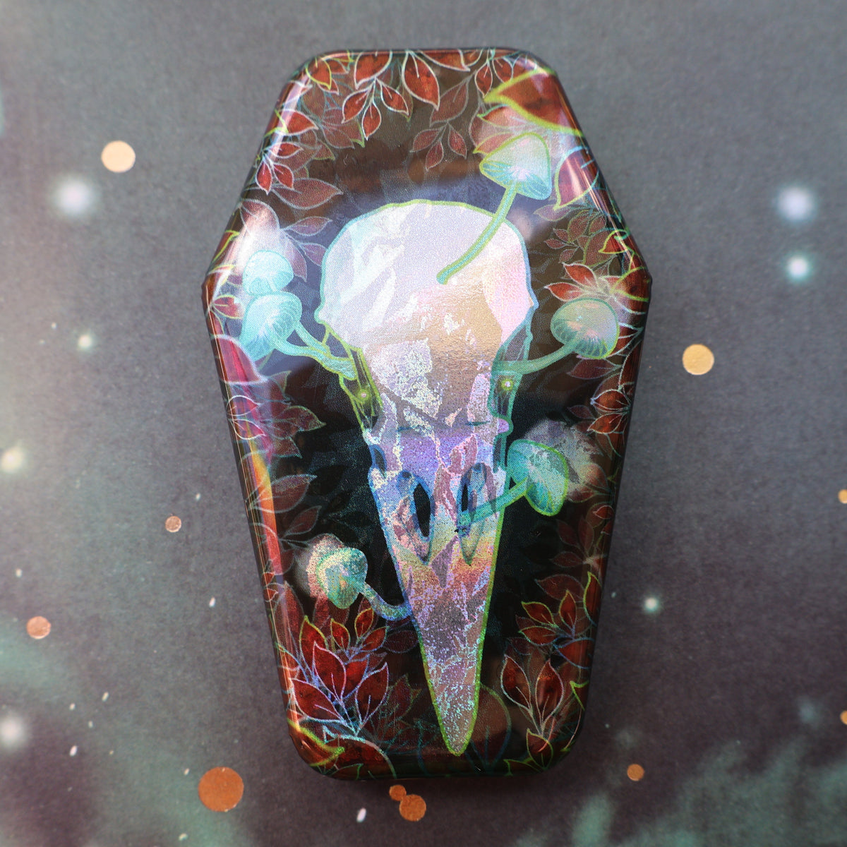 Raven Skull with Glowing Mushrooms, coffin shaped pin