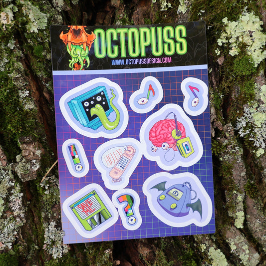 Old technology like crtv, cord phone, pocket  pet with creepy theme sticker sheet