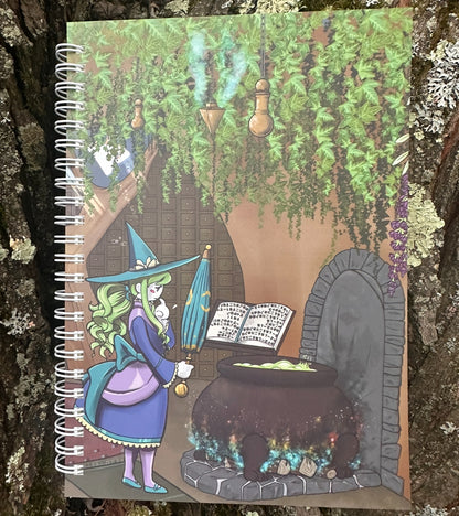 Notebook cover with a witch by a cauldron and book on a tree bark background