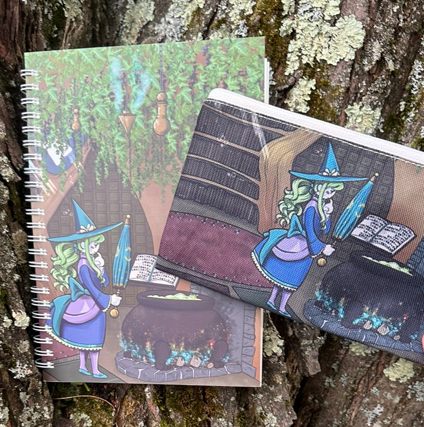 Notebook with witch illustration on a tree trunk