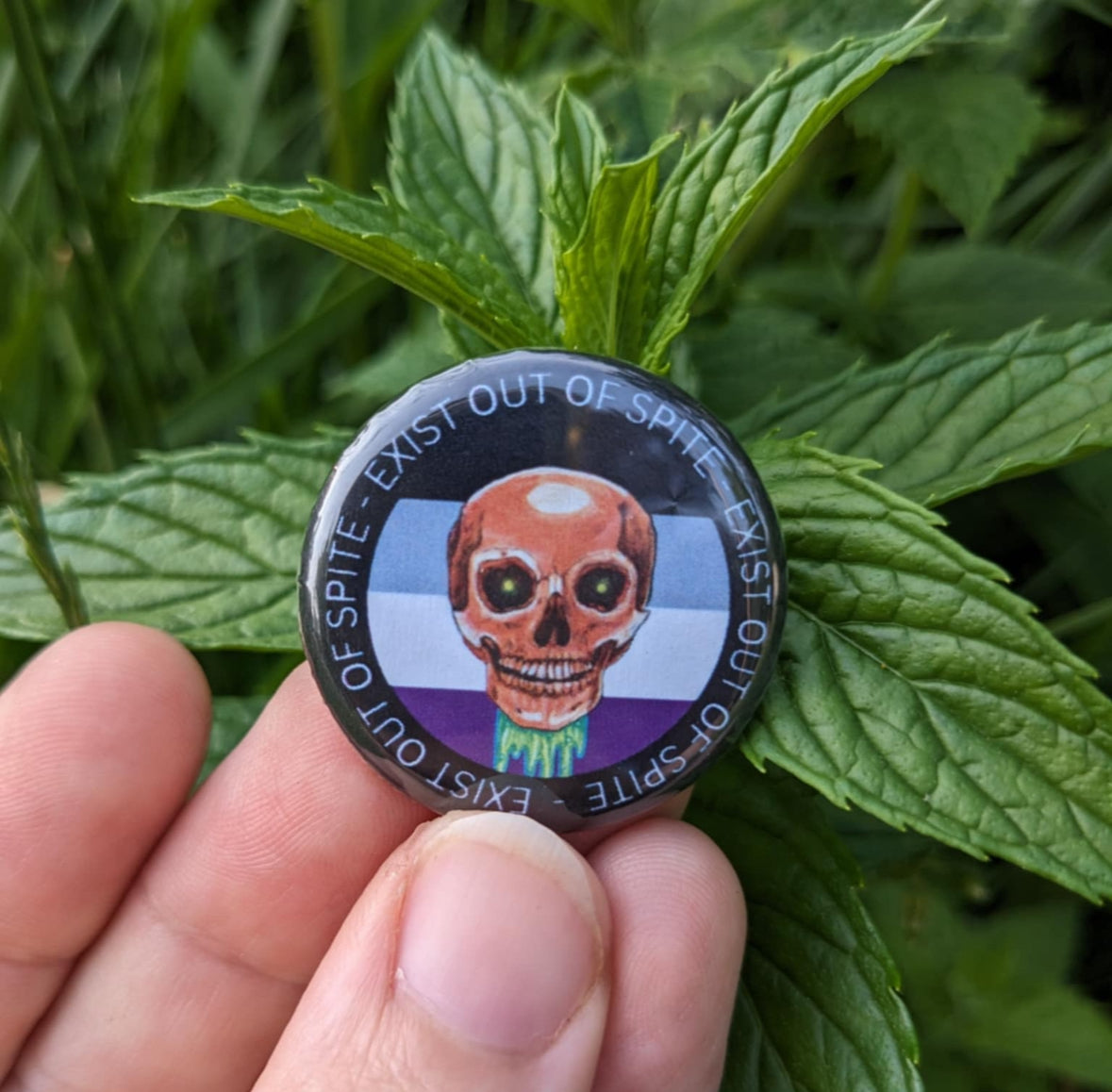 Round pin with a skull over an asexual pride flag encircled by the text exist out of spite