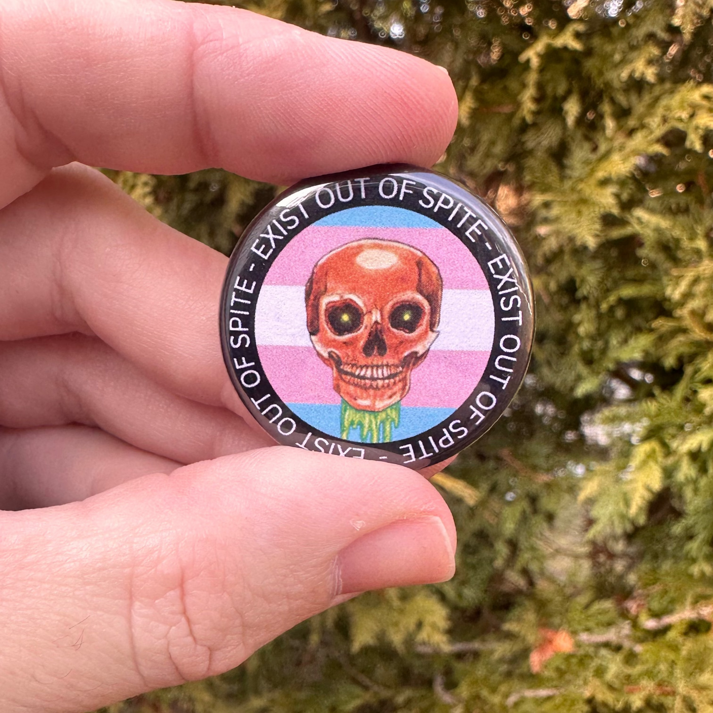 Round pin with a skull over a transgender pride flag encircled by the text exist out of spite
