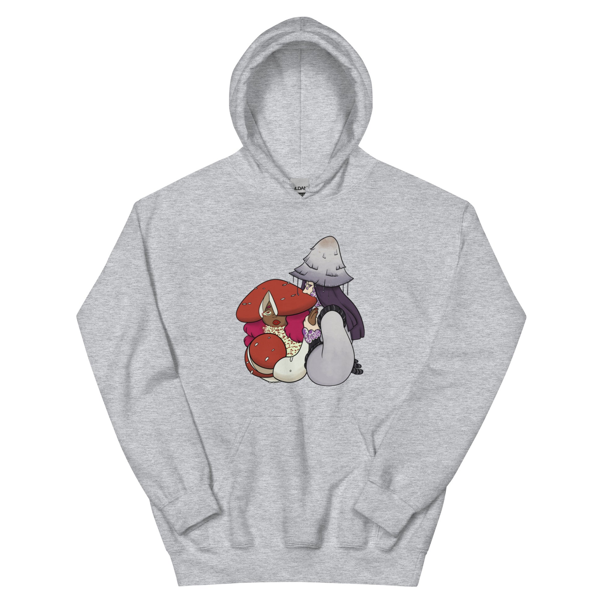 Grey hoodie with cartoon mushroom characters on a white background