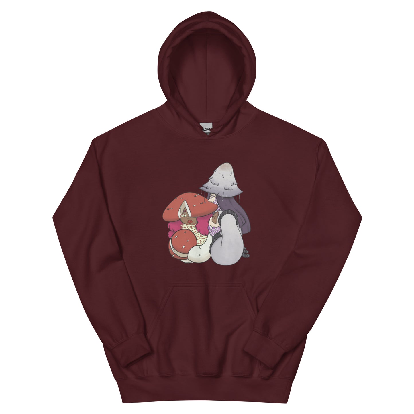 Maroon hoodie with cartoon mushroom characters on a white background
