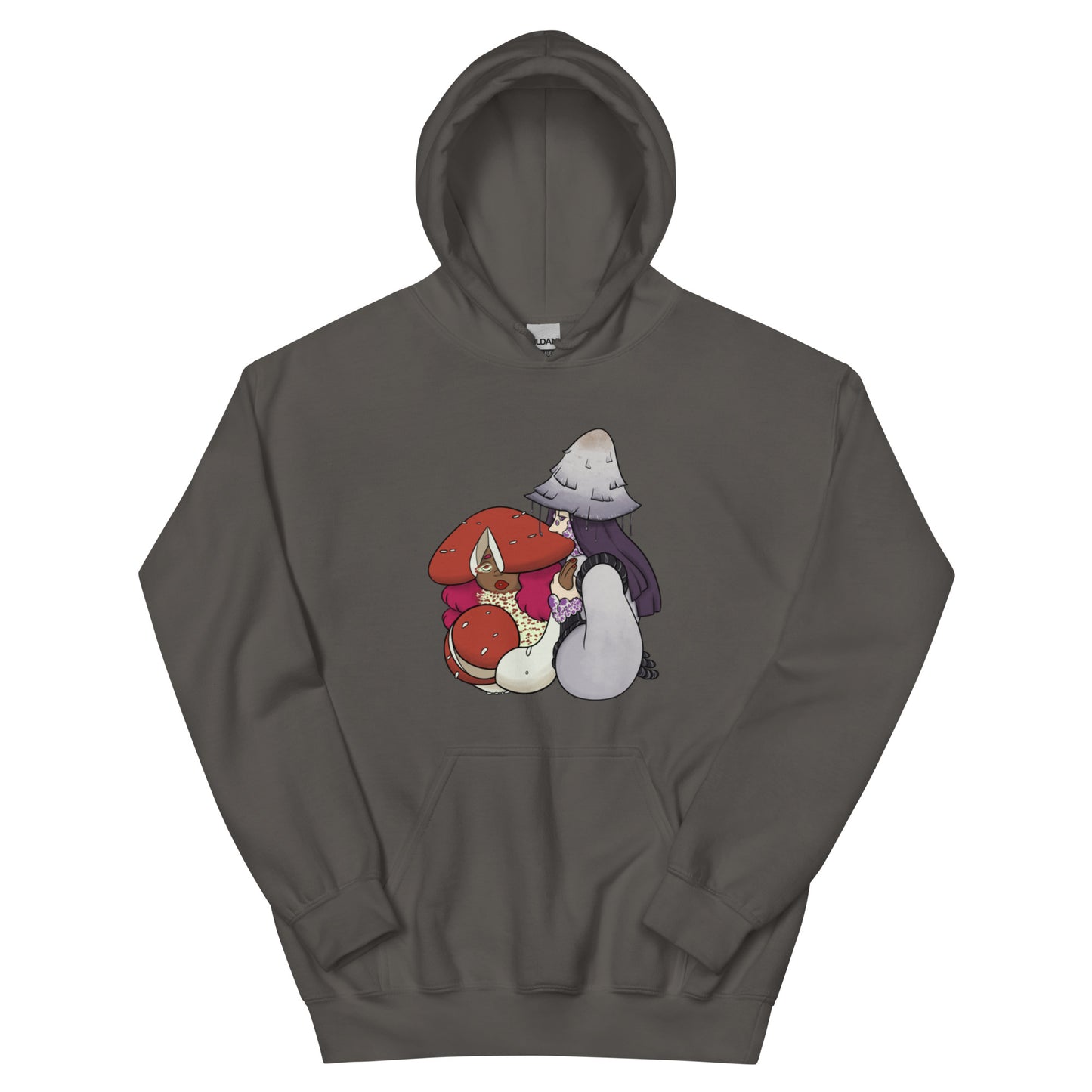 Charcoal hoodie with cartoon mushroom characters on a white background