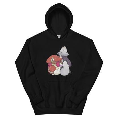Black hoodie with cartoon mushroom characters on a white background