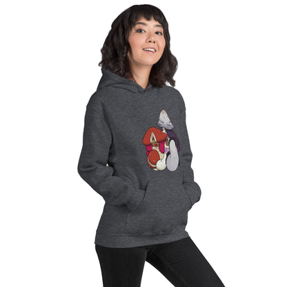 Dark heather hoodie with cartoon mushroom characters on a white background