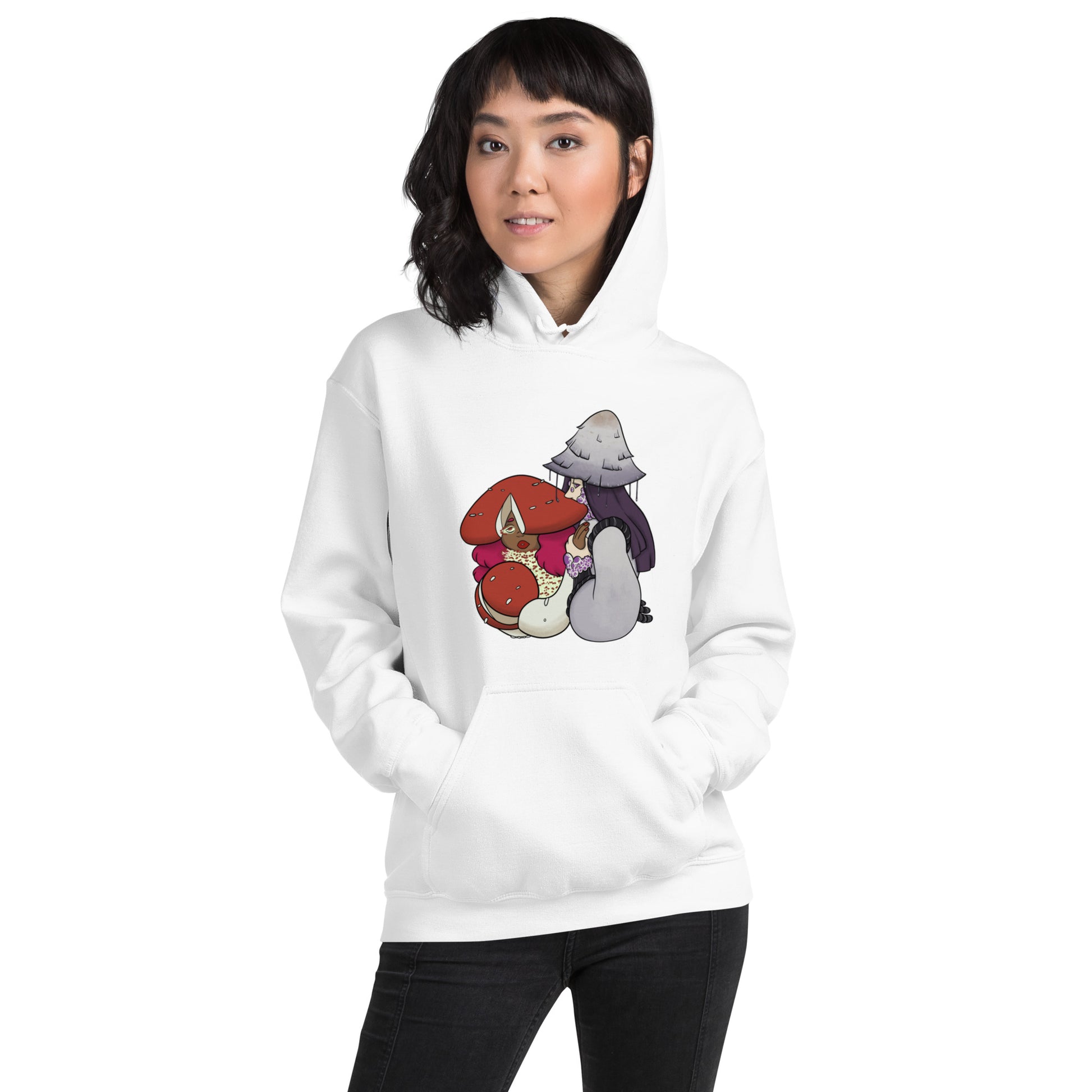 White hoodie with cartoon mushroom characters on a white background