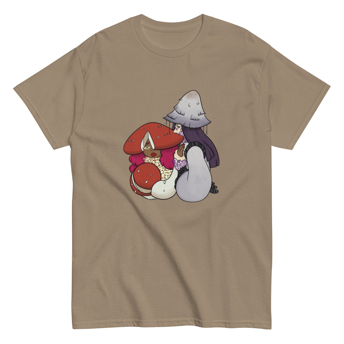 Brown savana t-shirt with cartoon characters and mushrooms on a white background