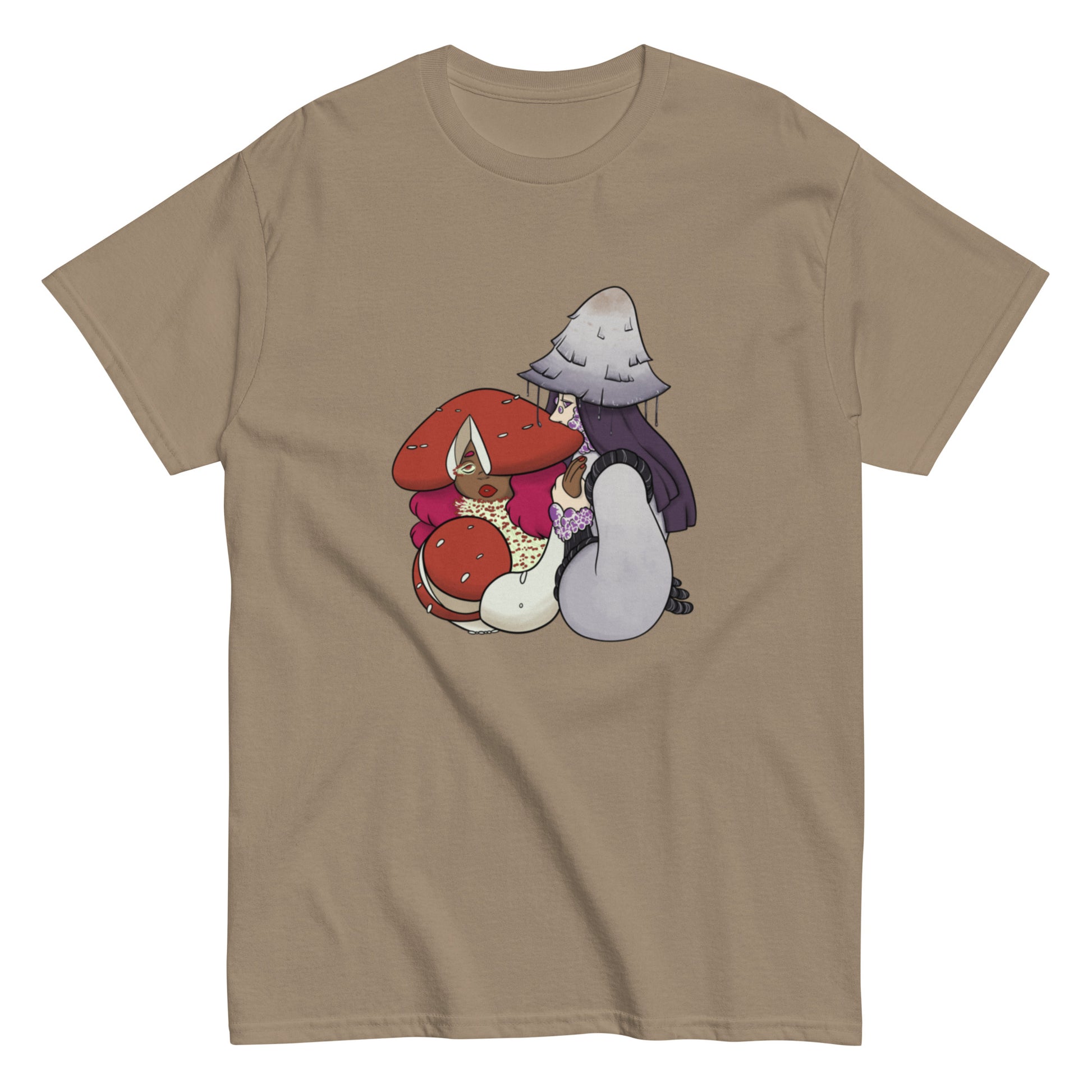Brown savana t-shirt with cartoon characters and mushrooms on a white background