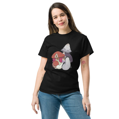 Black t-shirt with cartoon characters and mushrooms on a white background