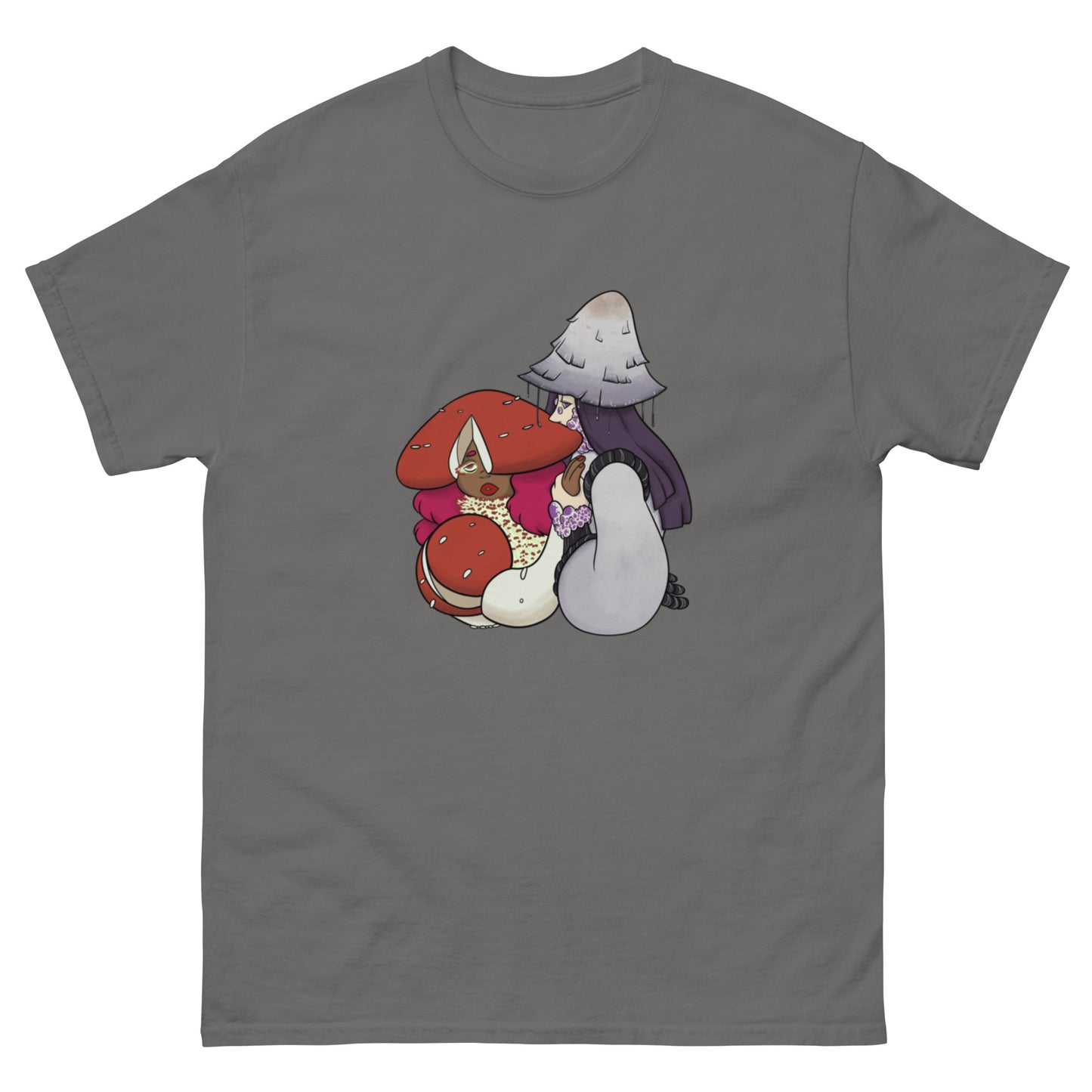 Charcoal t-shirt with cartoon characters and mushrooms on a white background