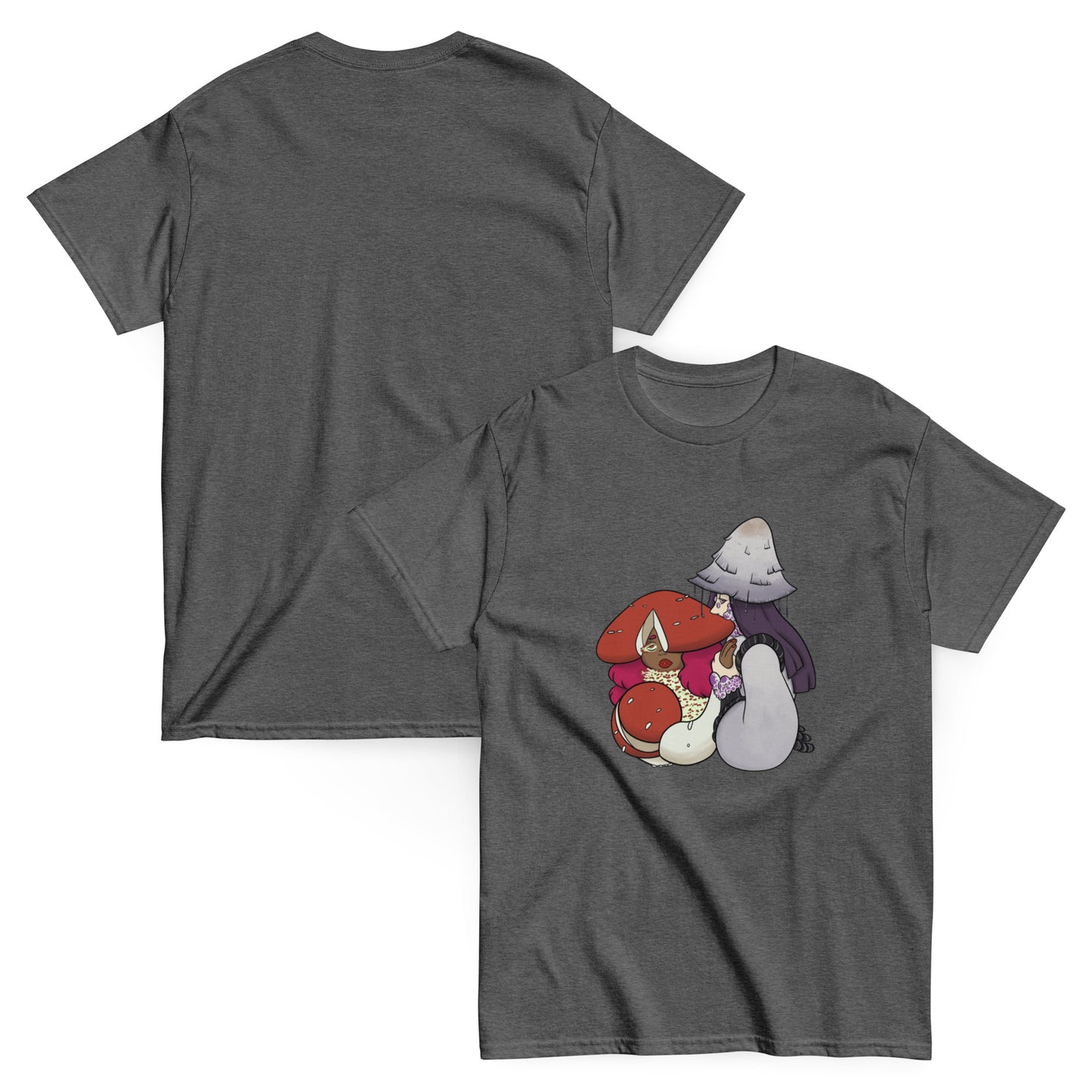 Gray t-shirt with cartoon characters and mushrooms on a white background