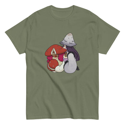 Green t-shirt with cartoon characters and mushrooms on a white background