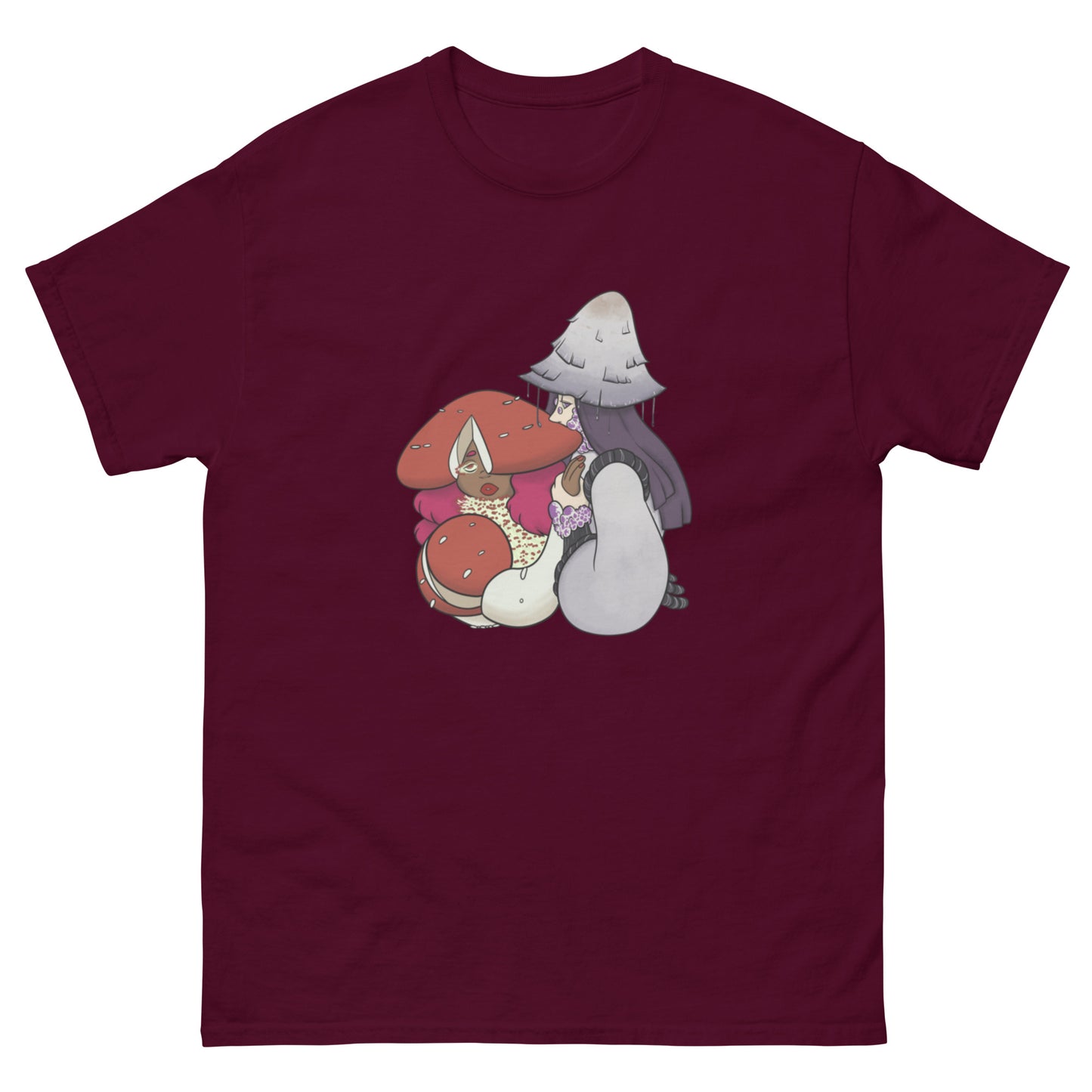 Maroon t-shirt with cartoon characters and mushrooms on a white background