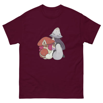 Maroon t-shirt with cartoon characters and mushrooms on a white background