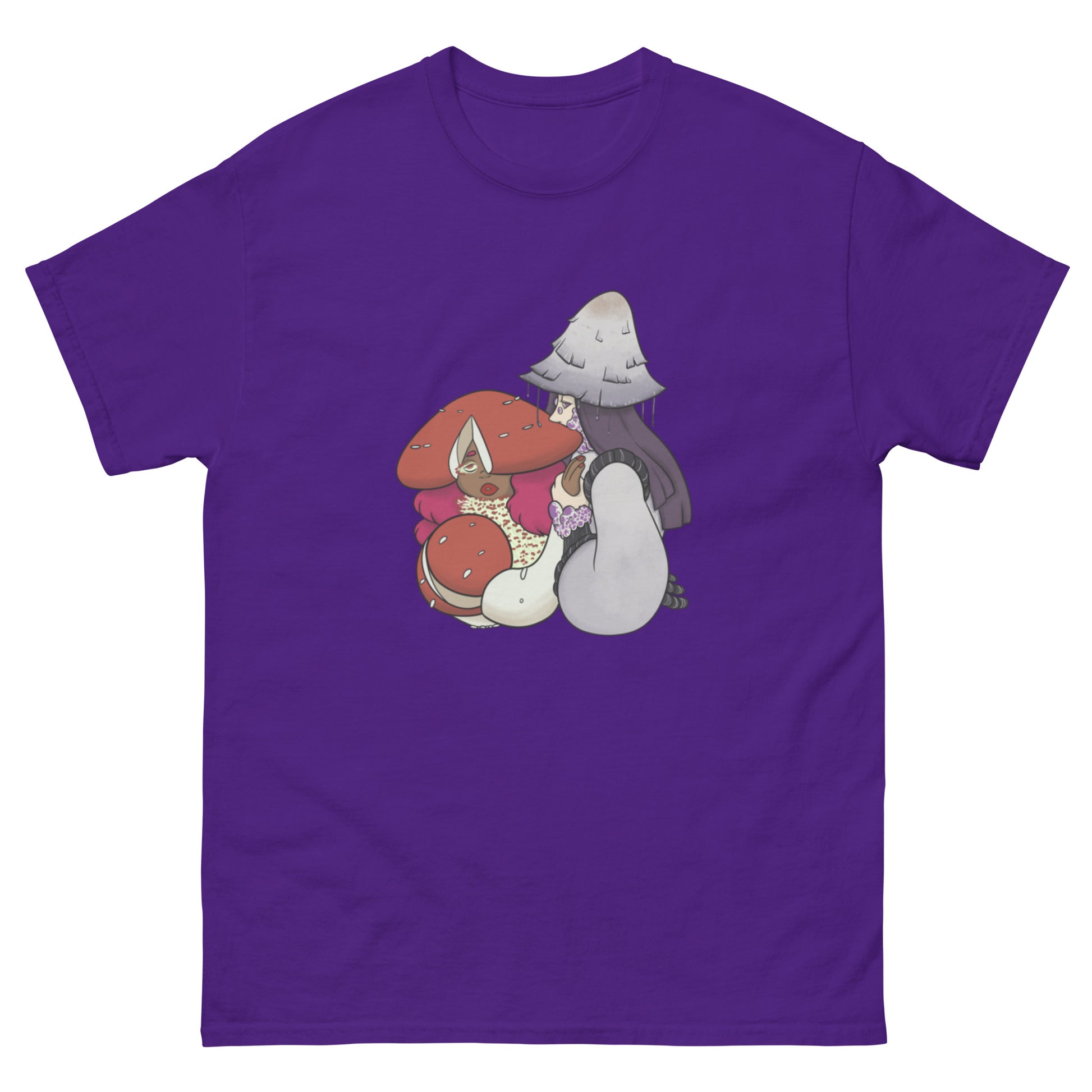 Purple t-shirt with cartoon characters and mushrooms on a white background