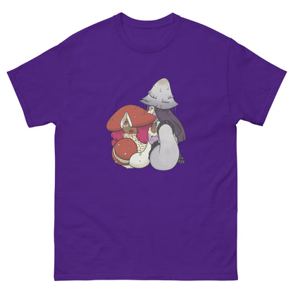 Purple t-shirt with cartoon characters and mushrooms on a white background