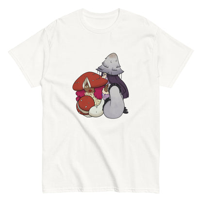 White t-shirt with cartoon characters and mushrooms on a white background