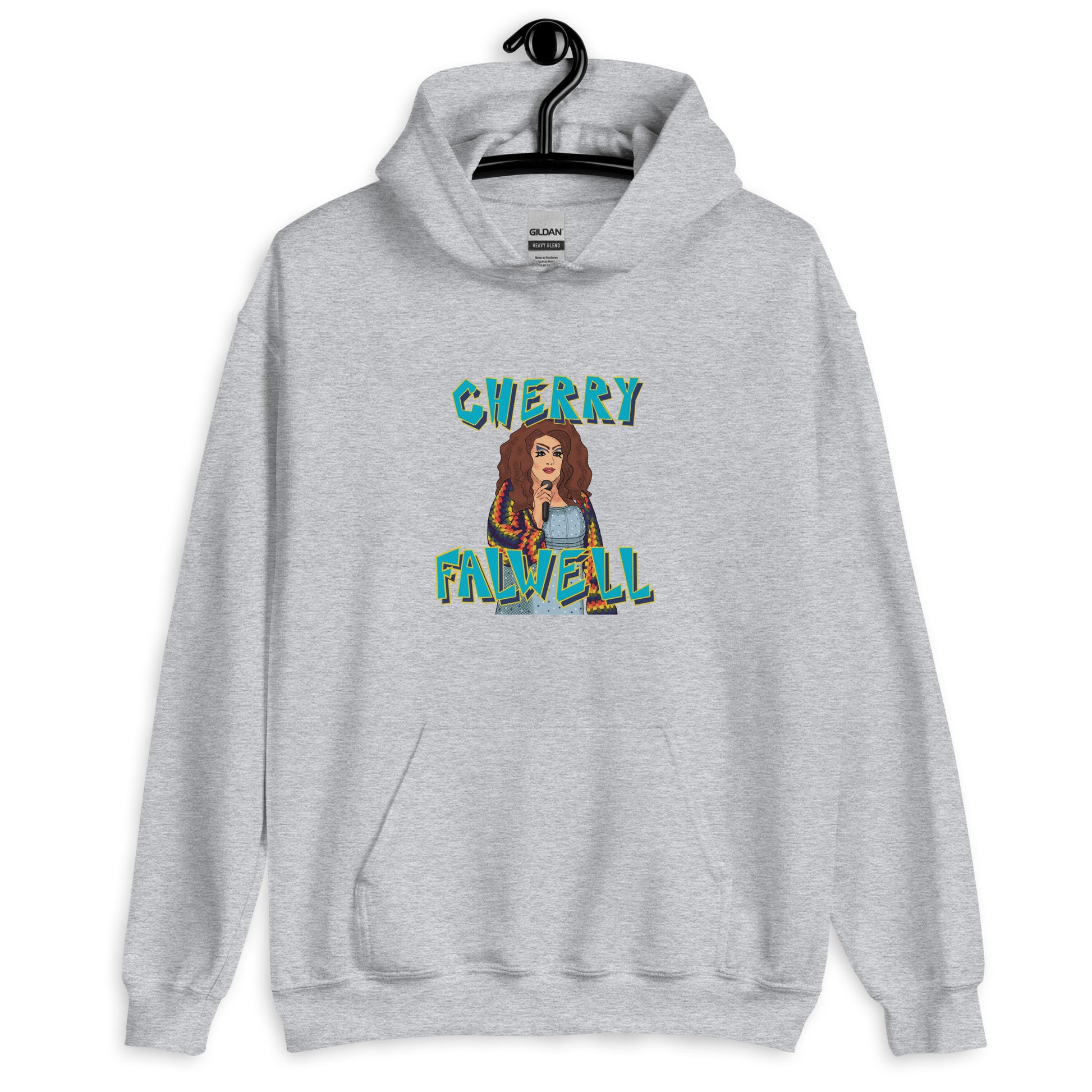 Sport grey hoodie with graphic design of a drag queen and ‘cherry falwell’ text on a white background