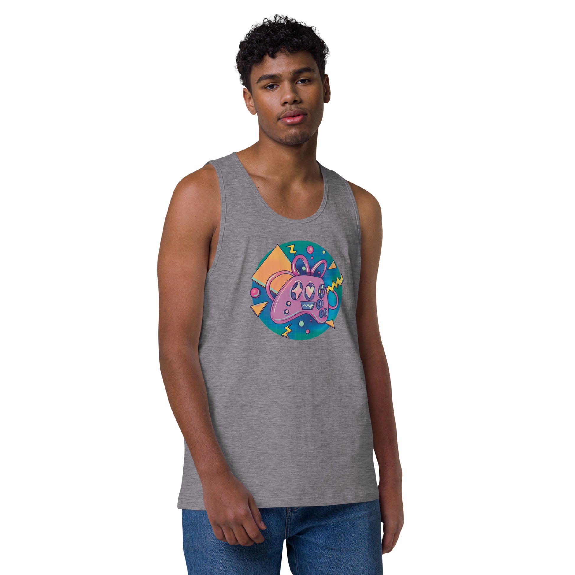 A pink retro style controller graphic on a grey tank top