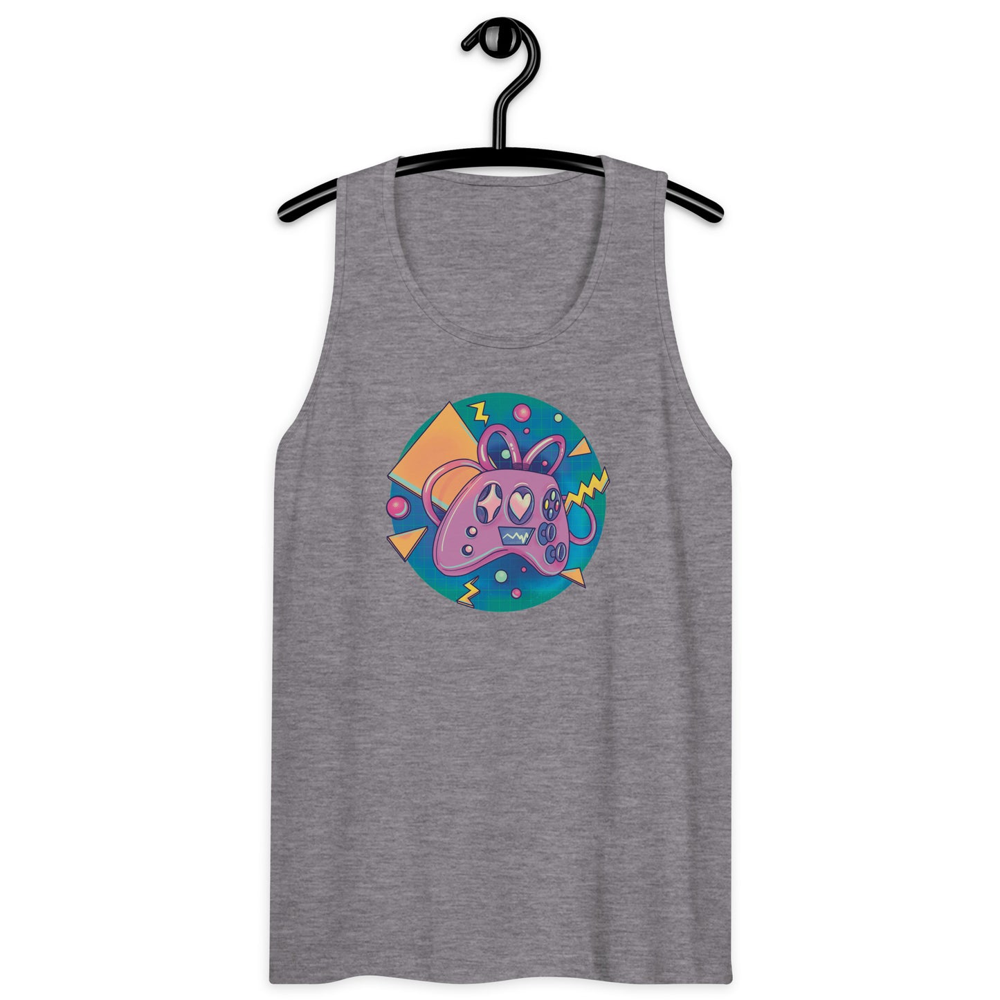 A pink retro style controller graphic on a grey tank top