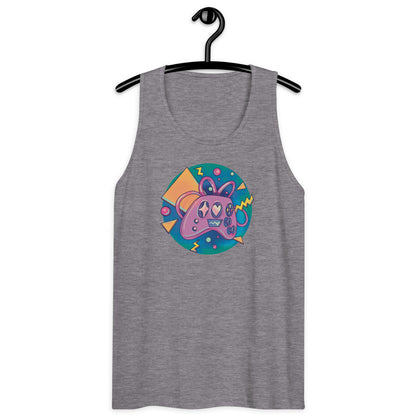 A pink retro style controller graphic on a grey tank top