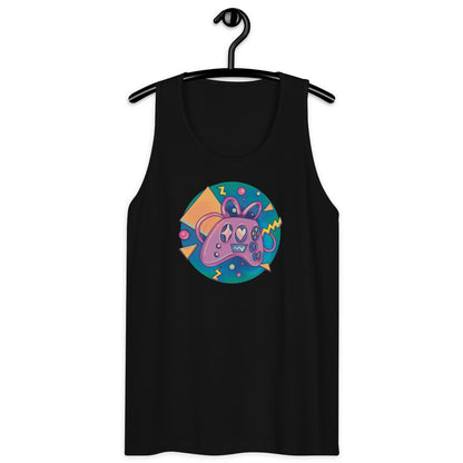 A pink retro style controller graphic on a grey tank top