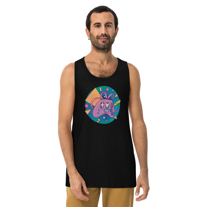 A pink retro style controller graphic on a grey tank top