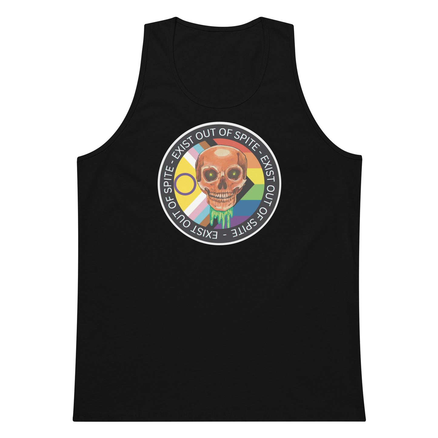 Skull over a rainbow flag encircled by the words Exist Out of Spite