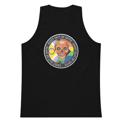 Skull over a rainbow flag encircled by the words Exist Out of Spite
