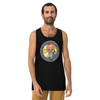 Skull over a rainbow flag encircled by the words Exist Out of Spite