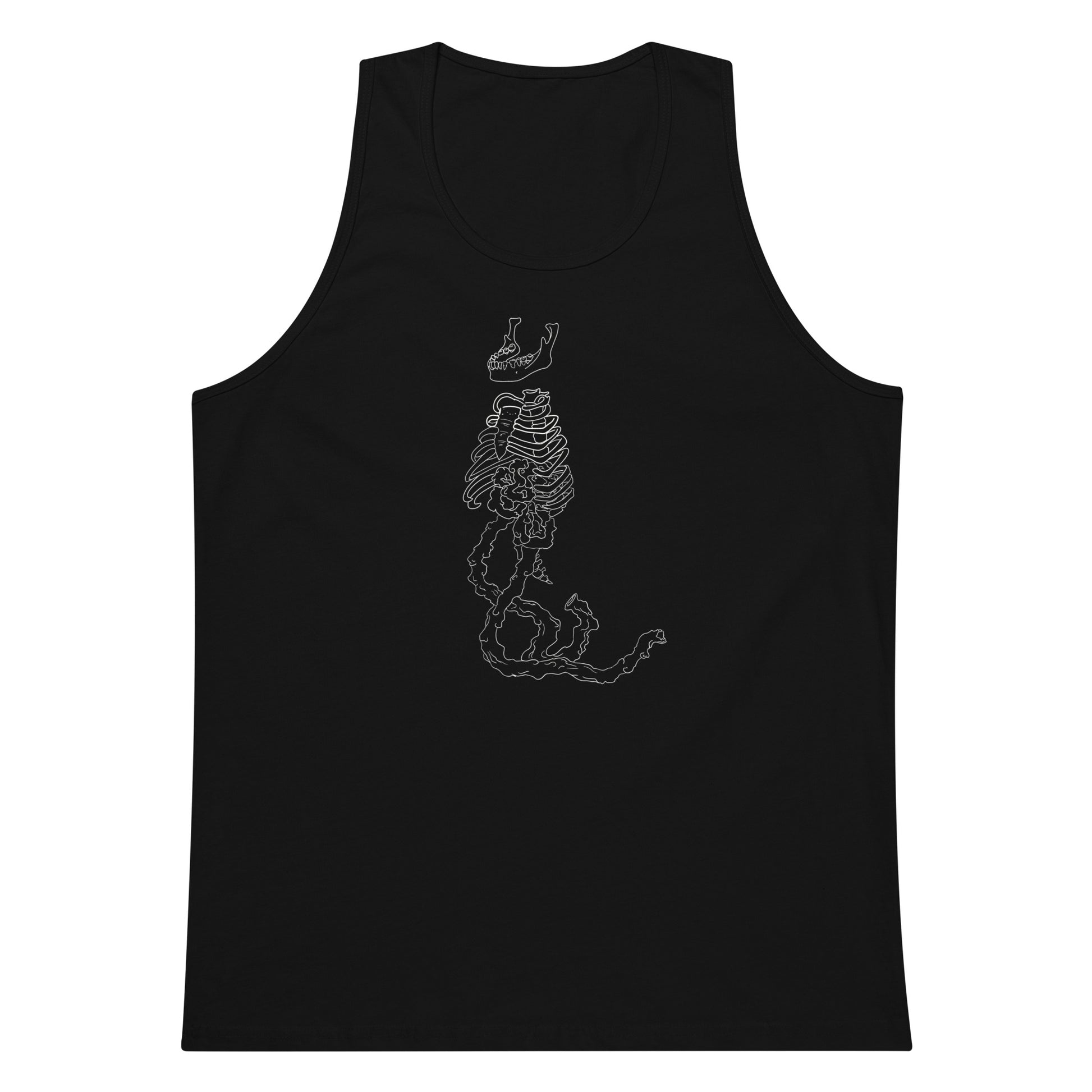 black tank top with a graphic of rib cage walking on intestines