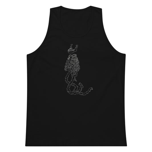 black tank top with a graphic of rib cage walking on intestines