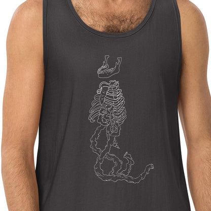 Dark gray tank top with a graphic of rib cage walking on intestines