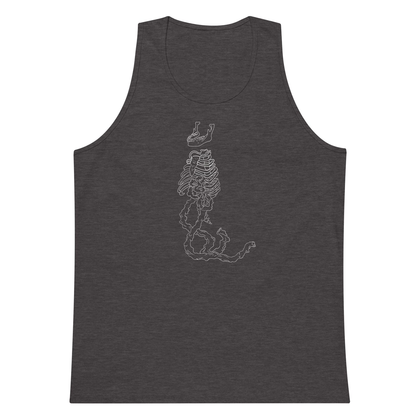Dark gray tank top with a graphic of rib cage walking on intestines
