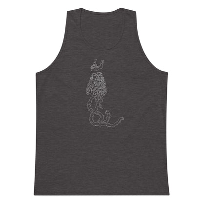 Dark gray tank top with a graphic of rib cage walking on intestines