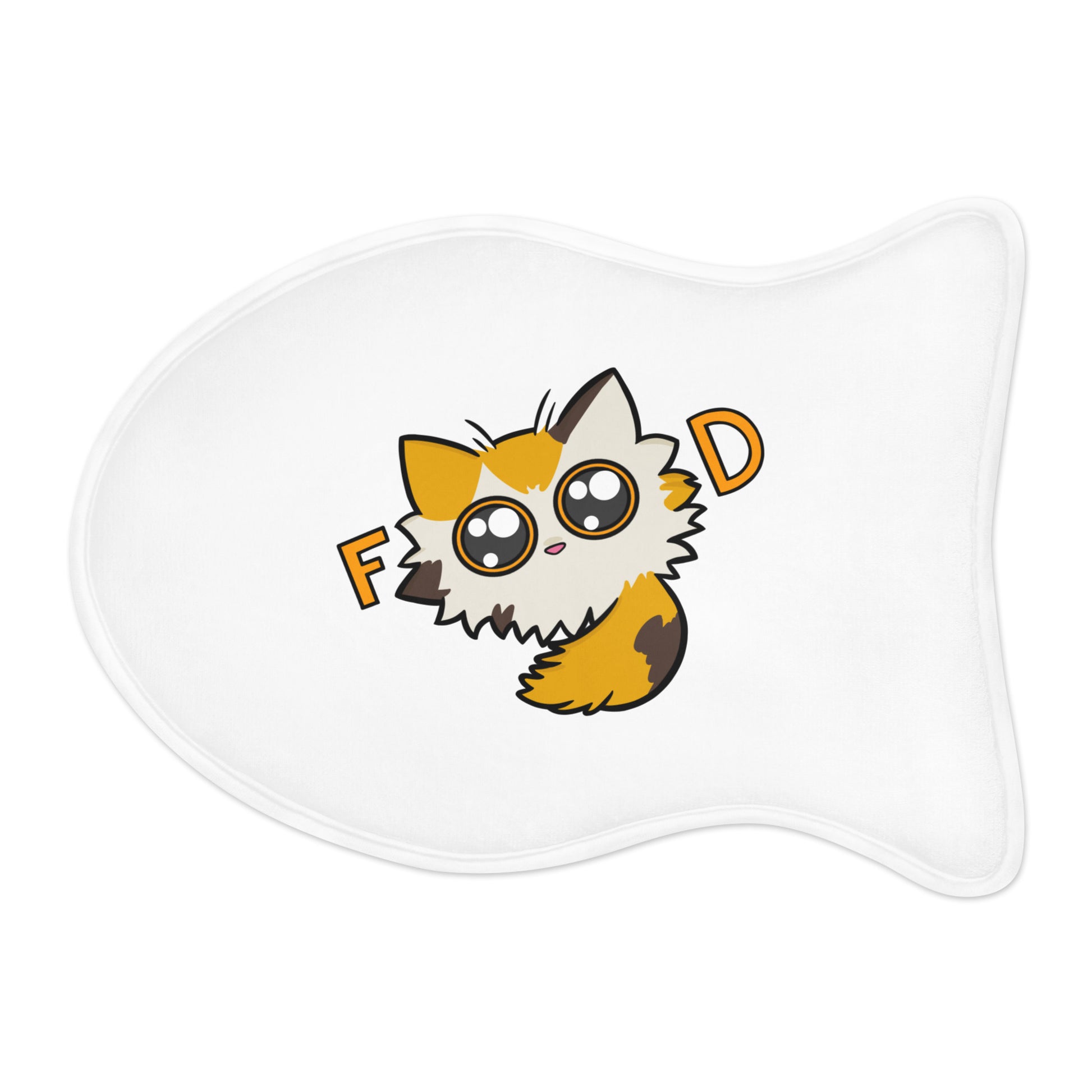 fish shaped pet food mat with an image of a cute cat with the eyes spelling "Food"